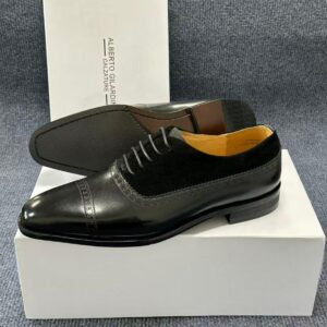 Alberto Gilardino Black Leather & Suede Oxford Shoes – Luxury Cap Toe Dress Shoes