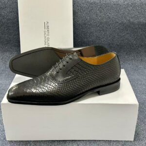 Alberto Gilardino Black Croc-Texture Leather Oxford Shoes – Luxury Lace-Up Dress Shoes