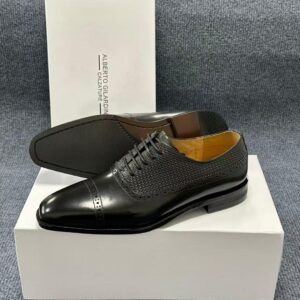 Alberto Gilardino Black Leather Woven Oxford Shoes – Luxury Cap Toe Dress Shoes
